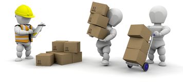 Three stylized workers handling cardboard boxes-inspecting, carrying, and moving with a cart-depicting logistics and warehouse operations.