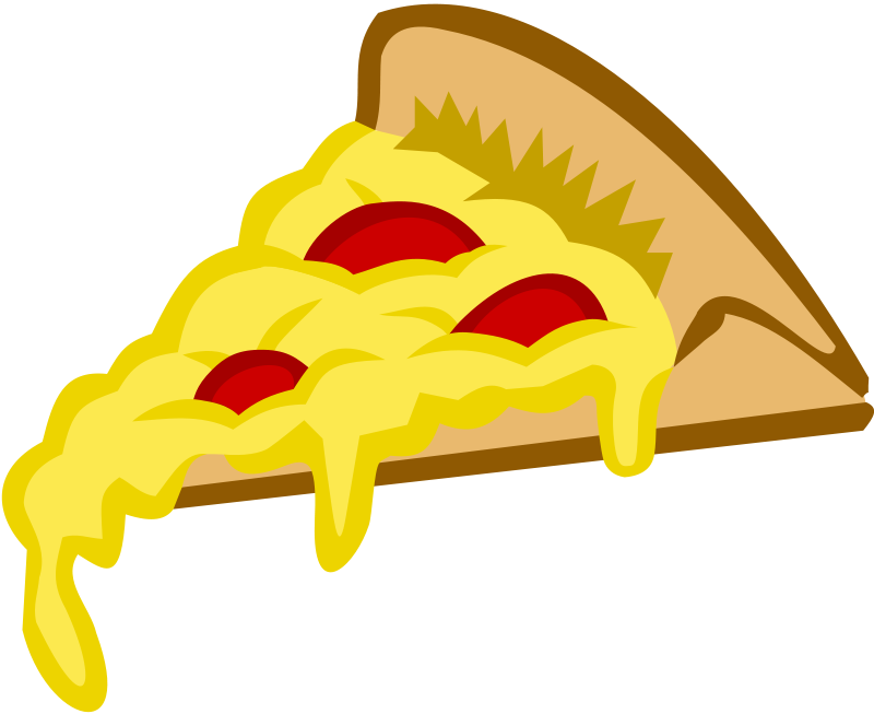 Cartoon-style slice of cheesy pizza with tomato sauce and melted cheese dripping off the crust.