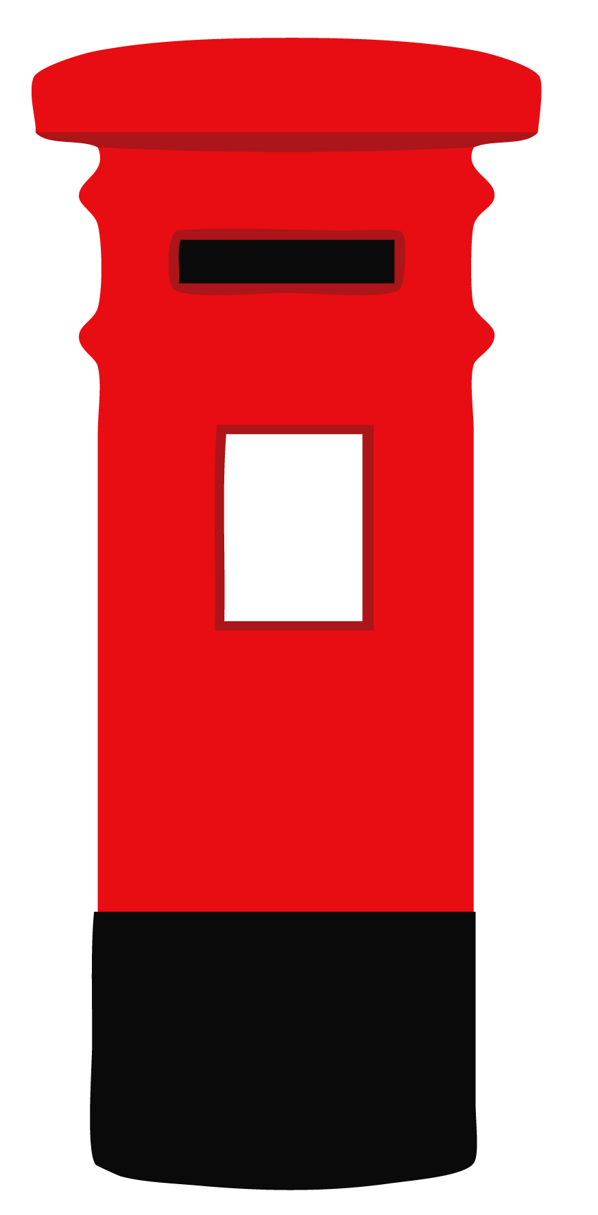 Classic red British postbox with black base and mail slot, iconic postal symbol.
