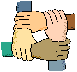 Four diverse hands interlocked in unity, symbolizing teamwork and inclusion.