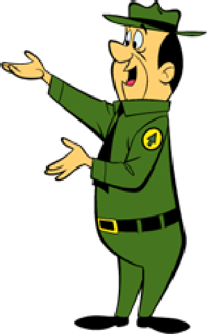 Ranger Smith, a cartoon park ranger in green uniform, gesturing enthusiastically with open hands and smiling.
