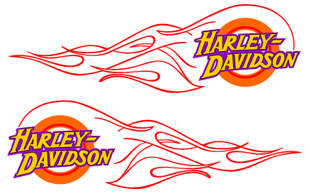 Harley-Davidson flame-style logo with orange and purple branding on black background.
