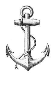 Vintage-style hand-drawn anchor with rope wrapped around its shank, detailed line art on white background.