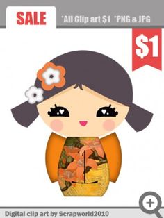 Cute cartoon kokeshi doll with floral hair accessory and traditional kimono, on sale for $1.