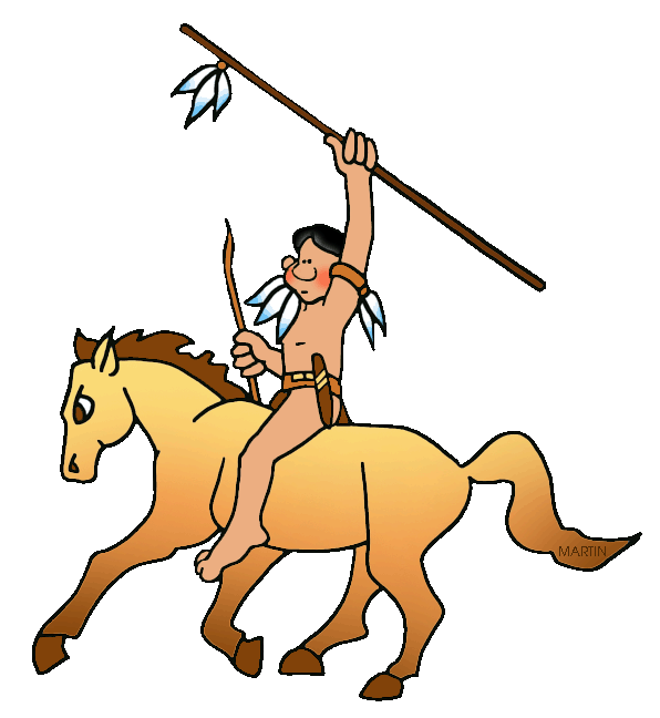 Native American warrior on horseback holding a feathered spear aloft, in cartoon style.
