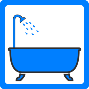 Blue icon of a classic clawfoot bathtub with a showerhead spraying water, set against a black background with a blue border.