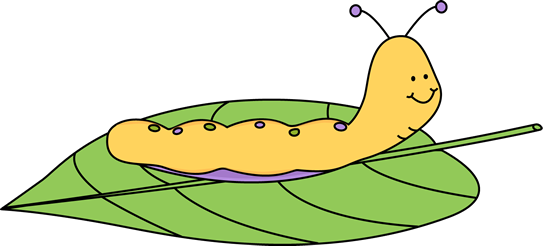 A cheerful yellow caterpillar with purple spots rests on a green leaf, smiling with antennae upright.