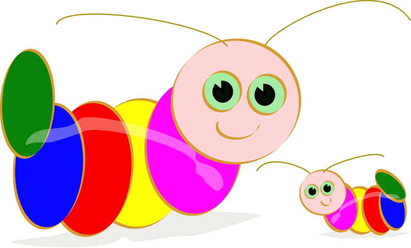A cheerful, colorful cartoon caterpillar with a smiling face and segmented body in green, blue, red, yellow, and pink, accompanied by a smaller version.