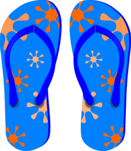 Bright blue flip-flops with orange and white starburst patterns, ideal for summer beachwear.