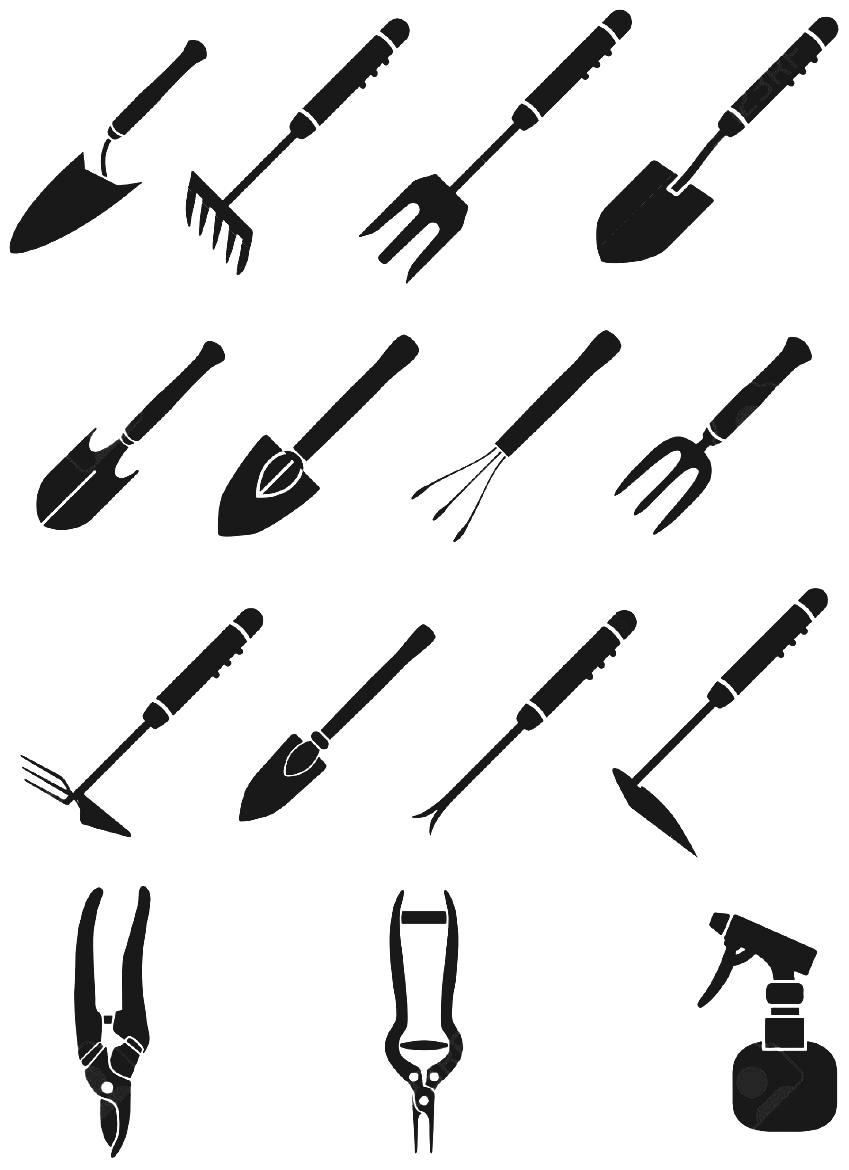 Black silhouette icons of 12 essential gardening tools including trowels, forks, pruners, and a spray bottle on white background.