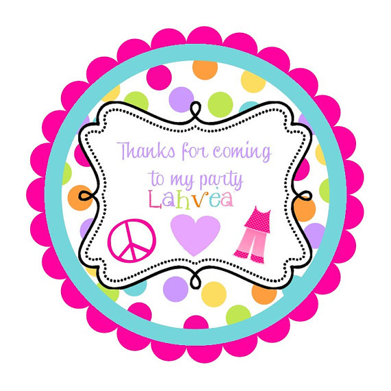 Colorful party thank-you sticker with polka dots, peace sign, heart, and pink pants; personalized for "Lahvea".
