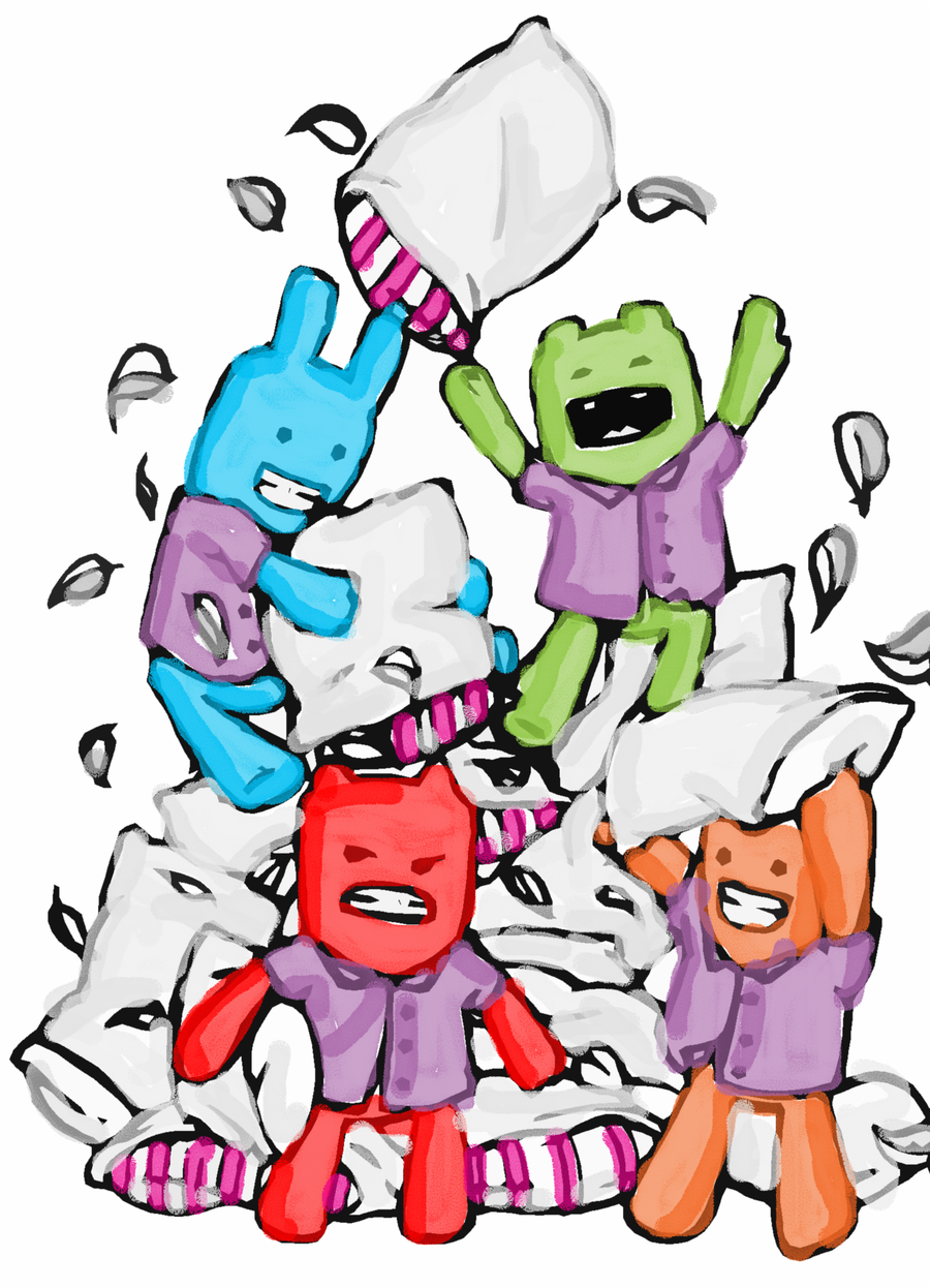 Four colorful blocky characters joyfully engaged in a chaotic pillow fight with feathers flying.