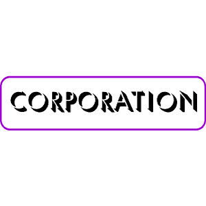 Purple-outlined rectangular badge with bold black "CORPORATION" text on white background.