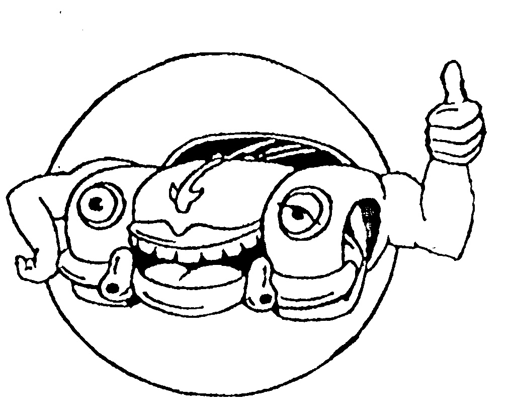 Cartoon car with expressive face, arms, and thumbs-up gesture inside a circular frame.