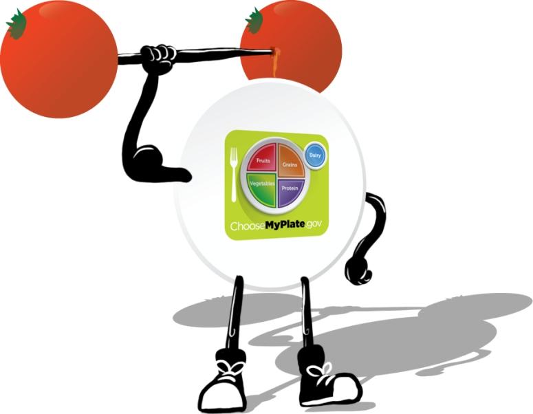 A cartoon MyPlate character lifting a barbell with tomato weights, promoting balanced nutrition and physical activity.