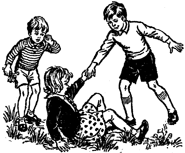 A boy helps a girl up from the grass while another child watches, in a vintage black-and-white illustration of childhood play.