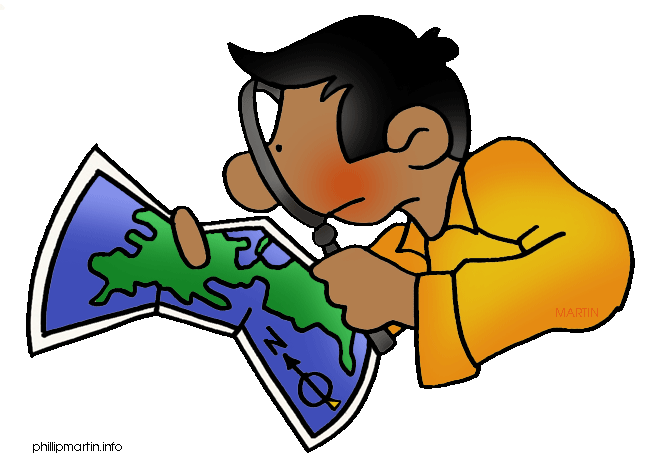 A child with dark skin and black hair uses a magnifying glass to examine a colorful world map.