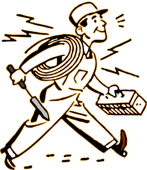 A smiling electrician in a yellow uniform runs while carrying a coiled cable, screwdriver, and electrical box, with lightning bolts around him.