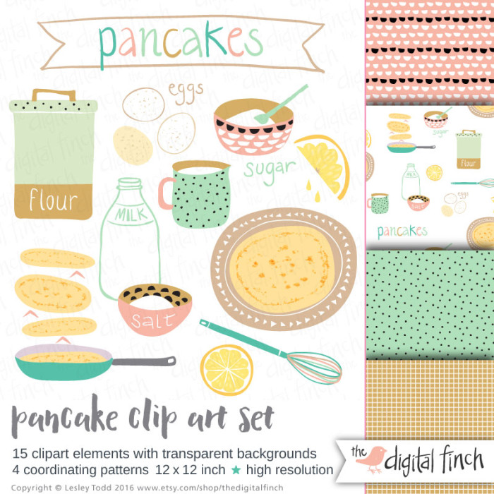 Pancake Clip Art Set - 15 Elements + 4 Patterns for Food Design