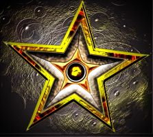 A glowing golden star with intricate metallic and fiery textures, centered on a dark cosmic background.