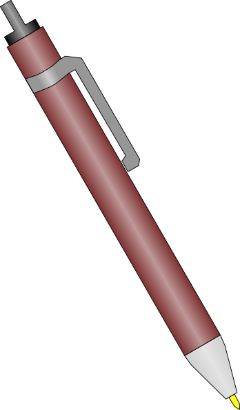 Red retractable ballpoint pen with silver clip and yellow tip, isolated on white background.