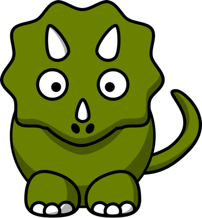 Friendly green cartoon triceratops with large eyes, three horns, and a frilled head, sitting upright on black background.