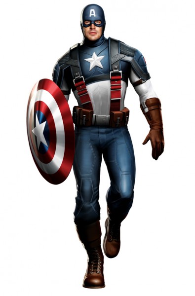 Captain America in iconic suit holding shield, ready for action against white background.