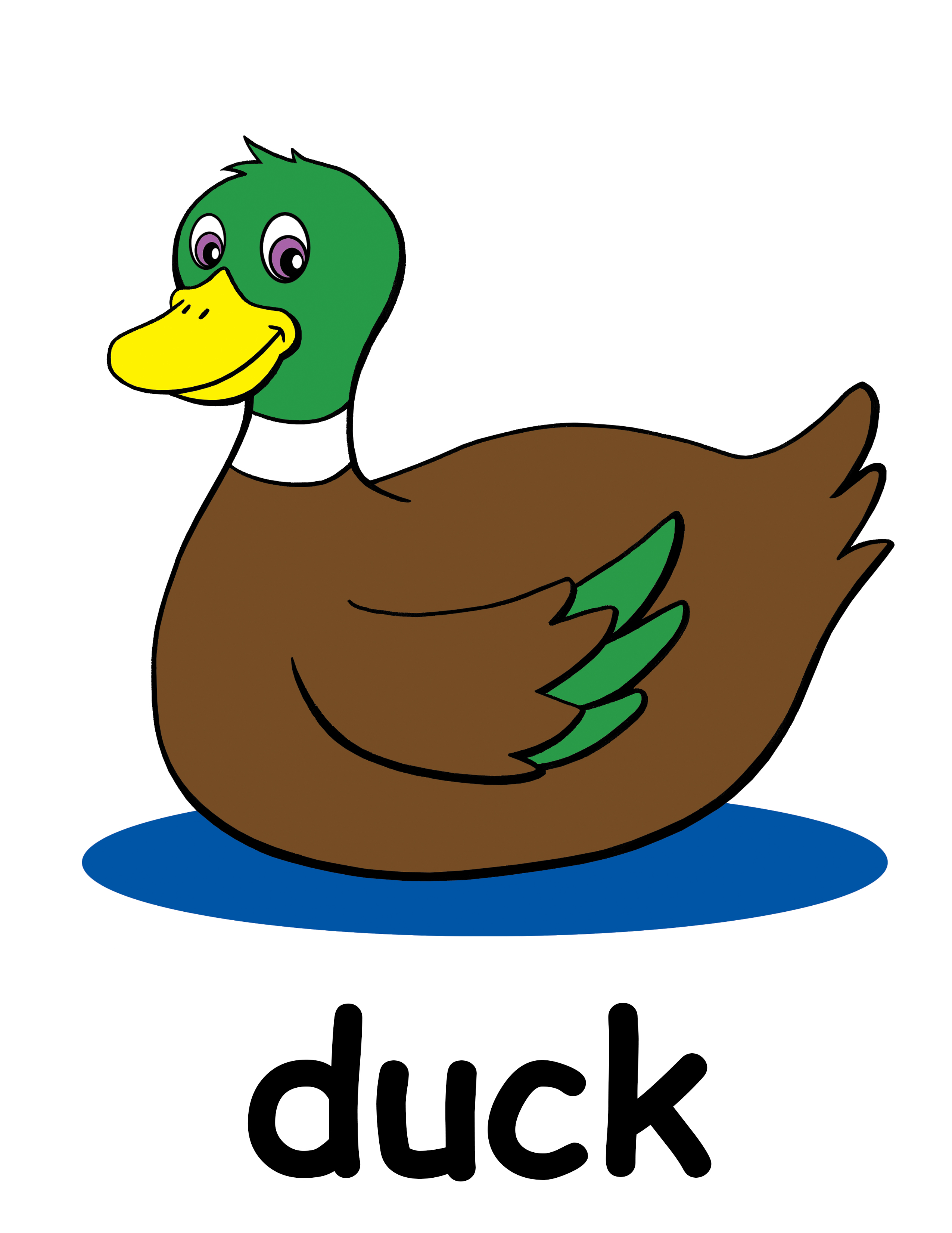 Friendly cartoon duck with green head, yellow beak, brown body, and blue water splash below.