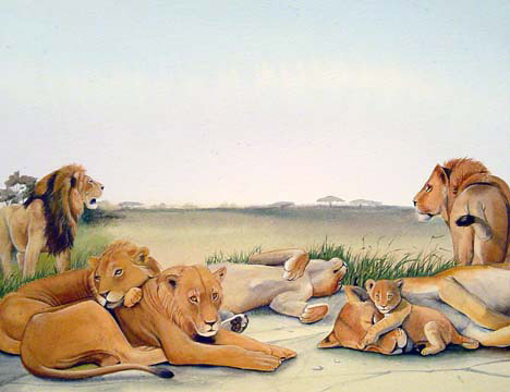 A pride of lions resting on the savanna, including adults and cubs, with one male standing alert in the background.