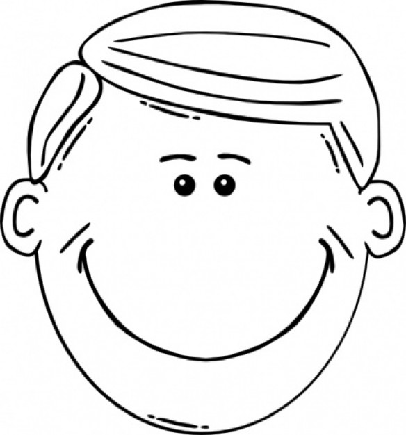 Simple black-and-white line drawing of a smiling boy’s face with short hair and cheerful expression.