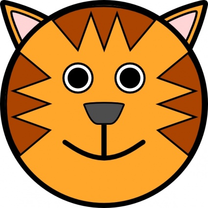 Friendly cartoon orange tabby cat face with big eyes and a smile, designed for children's content.