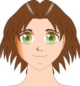 Anime-style illustration of a young woman with brown hair and green eyes, smiling softly against a black background.