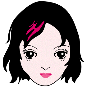 Stylized cartoon illustration of a woman with black wavy hair and a pink flame-shaped hair streak.