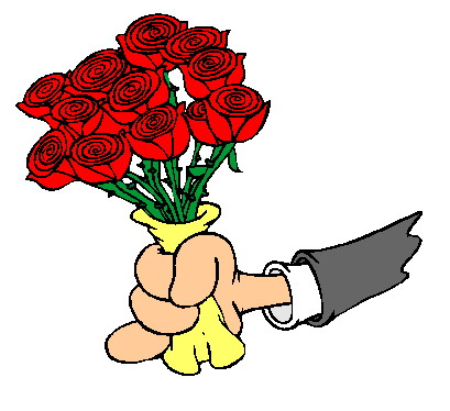 A hand in a suit sleeve holding a vibrant bouquet of red roses wrapped in yellow paper.