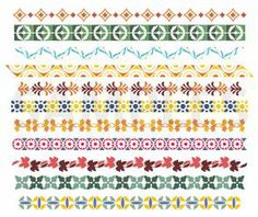 Collection of ten colorful decorative border patterns in geometric and floral styles for design use.