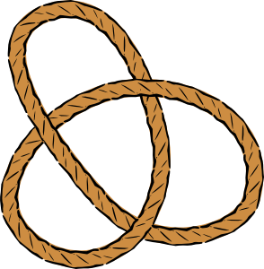 Brown braided rope forming a triquetra knot on white background.