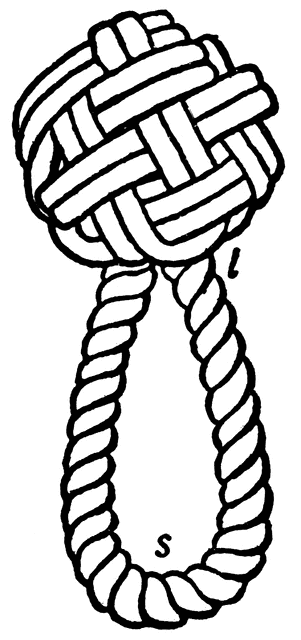 Hand-drawn illustration of a decorative rope knot with a looped handle, labeled 's' and 'l'.