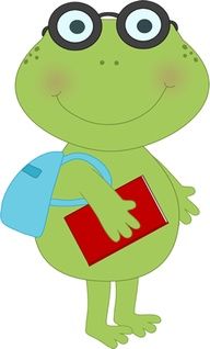 Green cartoon frog wearing round glasses, holding a red book and carrying a blue backpack.
