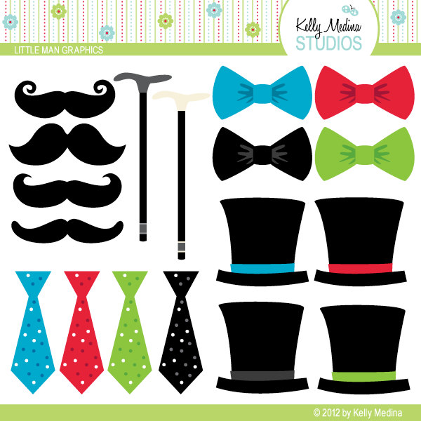 Collection of printable party props including mustaches, bow ties, top hats, canes, and polka-dot ties in vibrant colors.