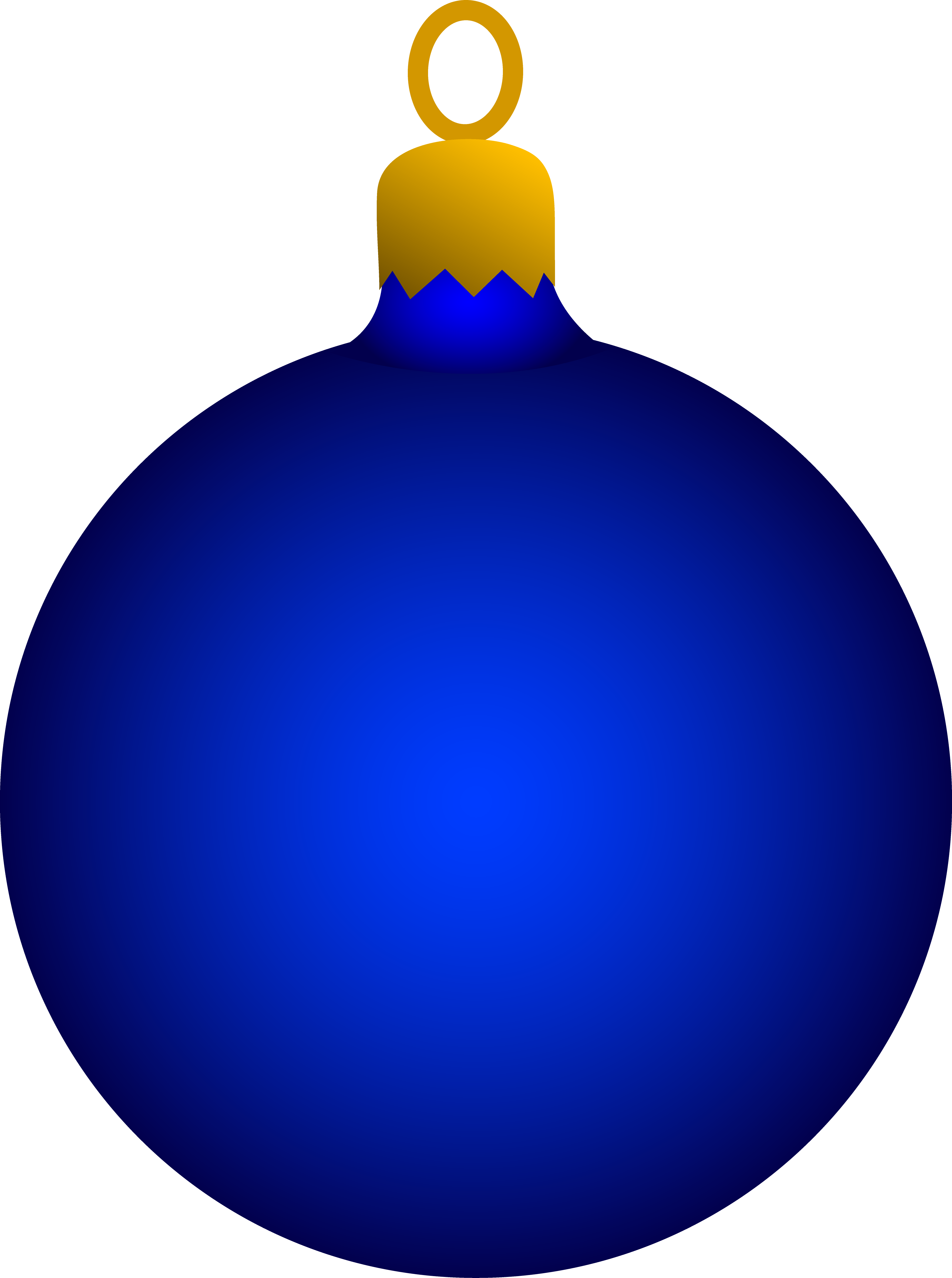 A glossy royal blue Christmas ornament with a gold cap and hanging loop against a black background.