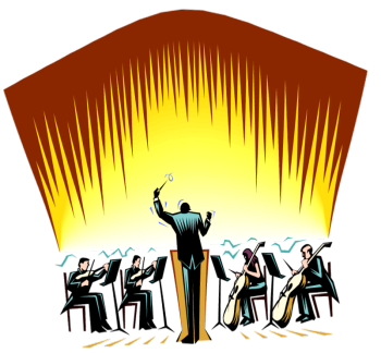 Conductor leading an orchestra on stage under a radiant spotlight with musicians playing string instruments.
