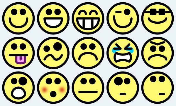 Collection of 15 yellow emoji faces displaying diverse emotions including happiness, sadness, anger, surprise, and silliness.
