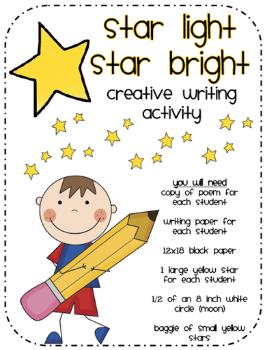 Child holding giant pencil with stars, promoting a "Star Light, Star Bright" creative writing activity for students.