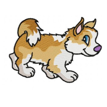 Cute embroidered cartoon puppy with brown and white fur, blue eyes, and a playful stance.