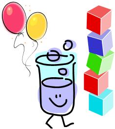 A cheerful cartoon beaker with a smiley face, holding balloons and standing beside a stack of colorful cubes.