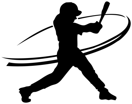 Silhouette of a baseball player mid-swing with dynamic motion lines conveying power and action.