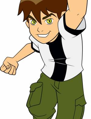 Ben Tennyson from Ben 10 in action pose, wearing white shirt with black stripe and green cargo pants, smiling confidently.
