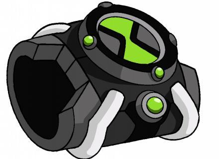 A black and green Omnitrix wristwatch device from the Ben 10 animated series, featuring a glowing green face and three buttons.