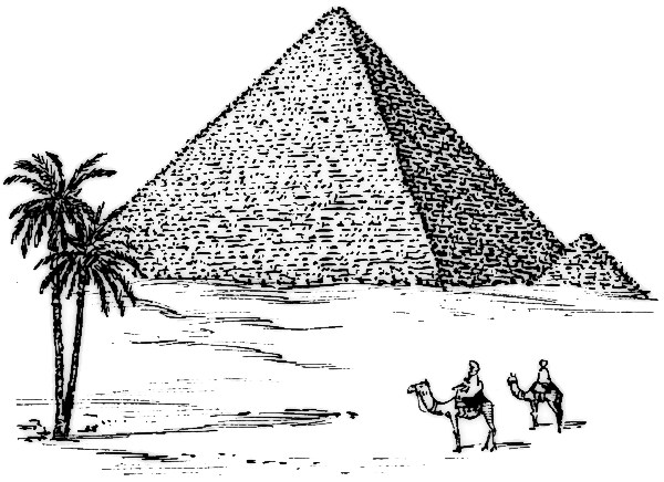 Black-and-white line drawing of the Great Pyramid of Giza with two camels and riders in the foreground and a palm tree to the left.