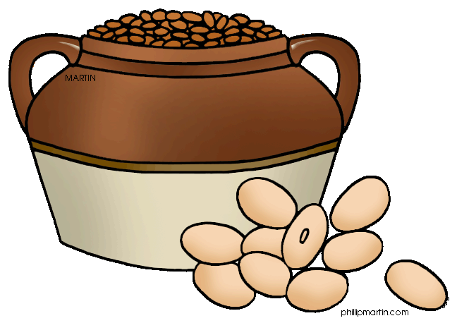 A brown ceramic jar overflowing with dried beans, with scattered beans in front.